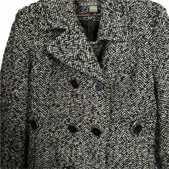 Kenneth Cole Reaction Womens Wool Blend Peacoat Size L Black White Double Breast - Picture 2 of 9